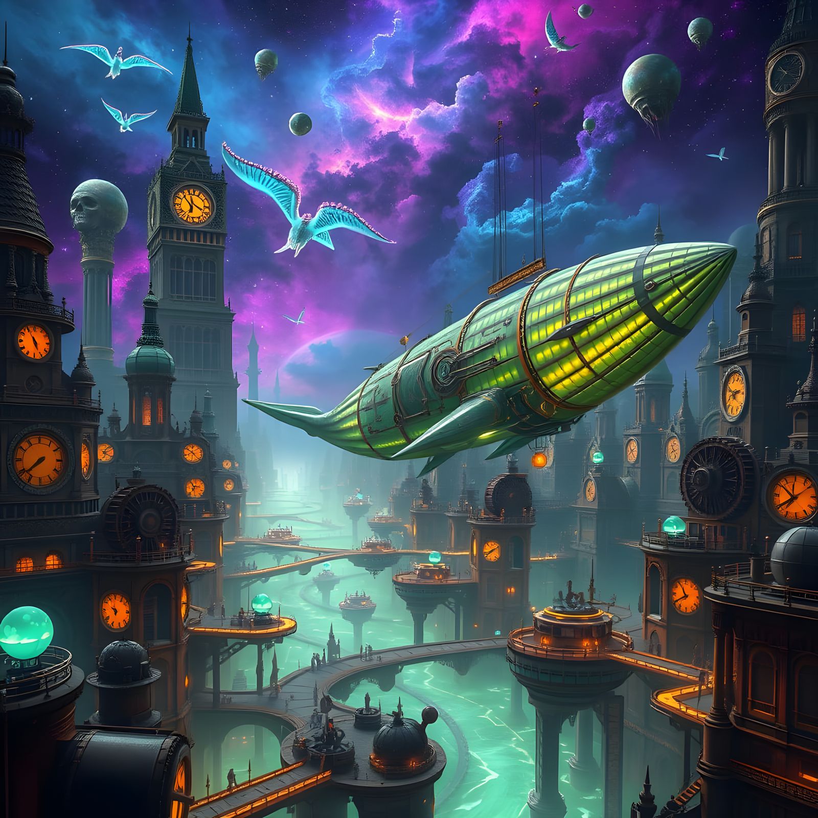Steampunk City Under Cosmic Skies