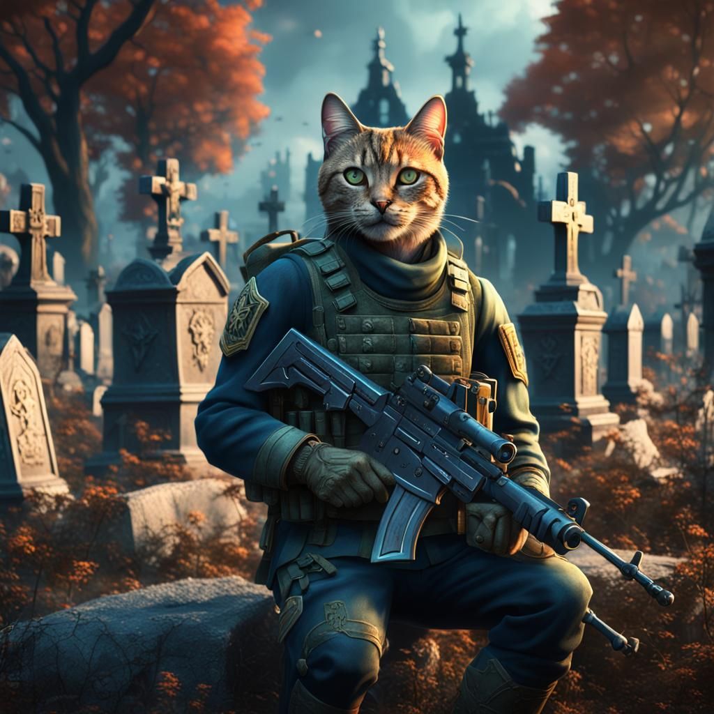 Military Cat Soldier in Graveyard: Detailed Matte Painting