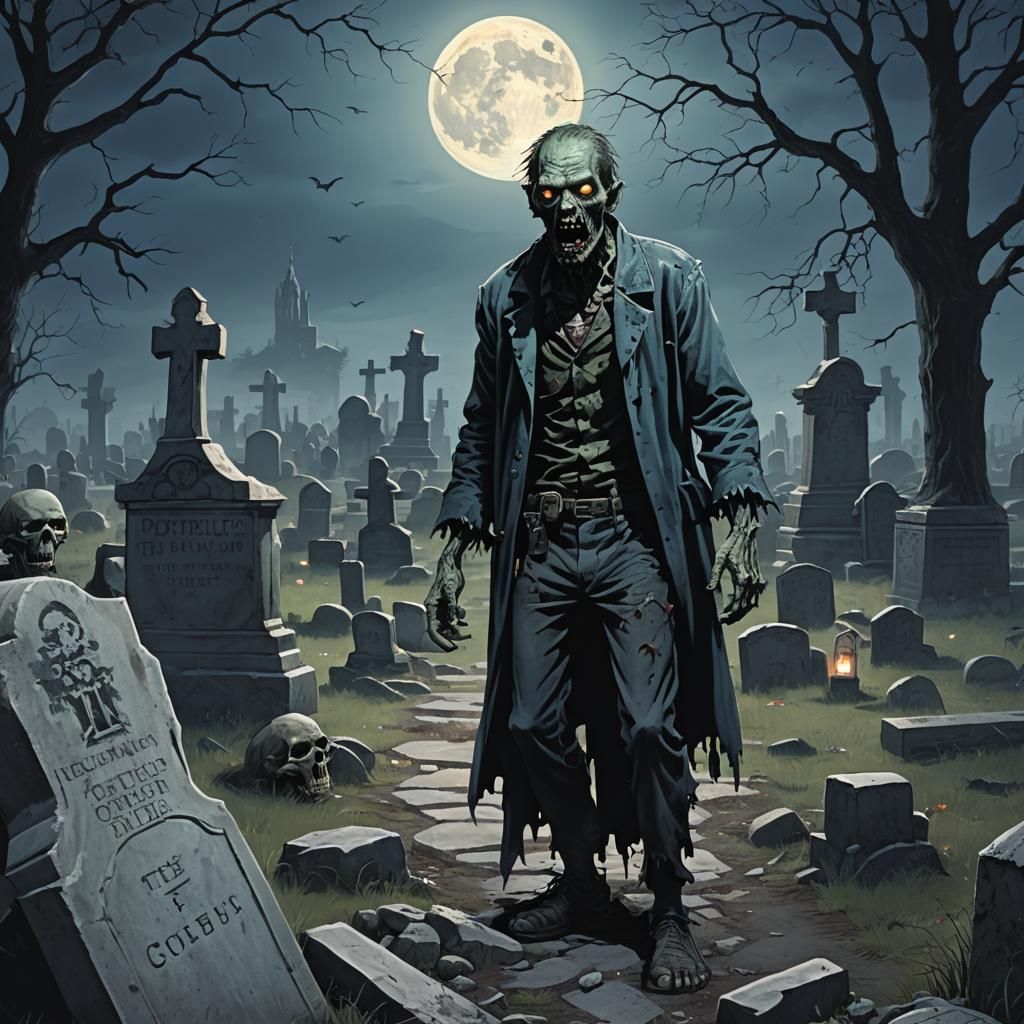 Eerie Zombie Graveyard Scene in Dark Fantasy Style