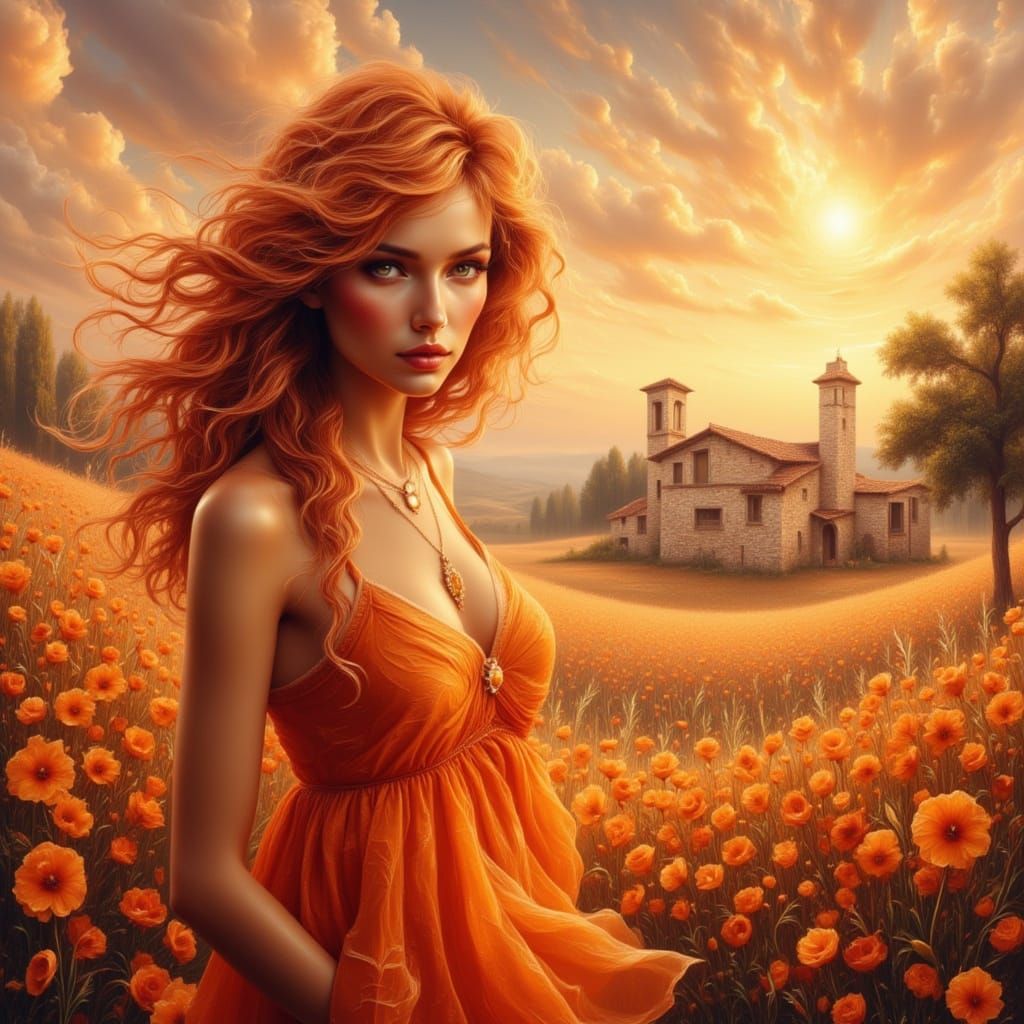 Woman in Orange Dress at Sunset, Digital Art