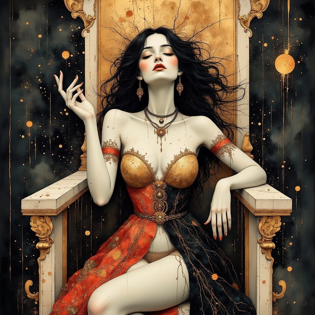 Ethereal Queen in Lavish Gown, Surrounded by Mystery