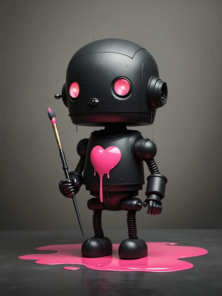 Stylized Robot with Pink Heart in Retro-Futuristic Style
