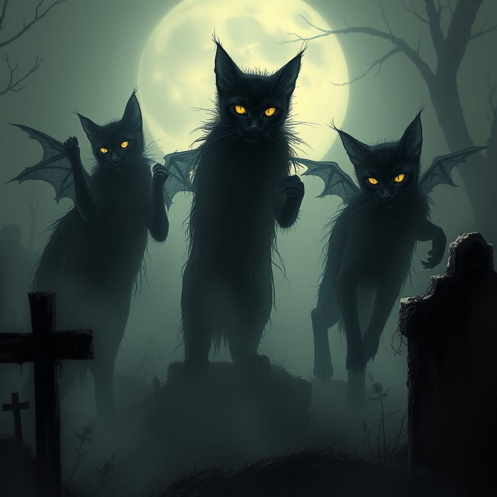 Ethereal Black Cat Spirits Rise from Moonlit Graveyard