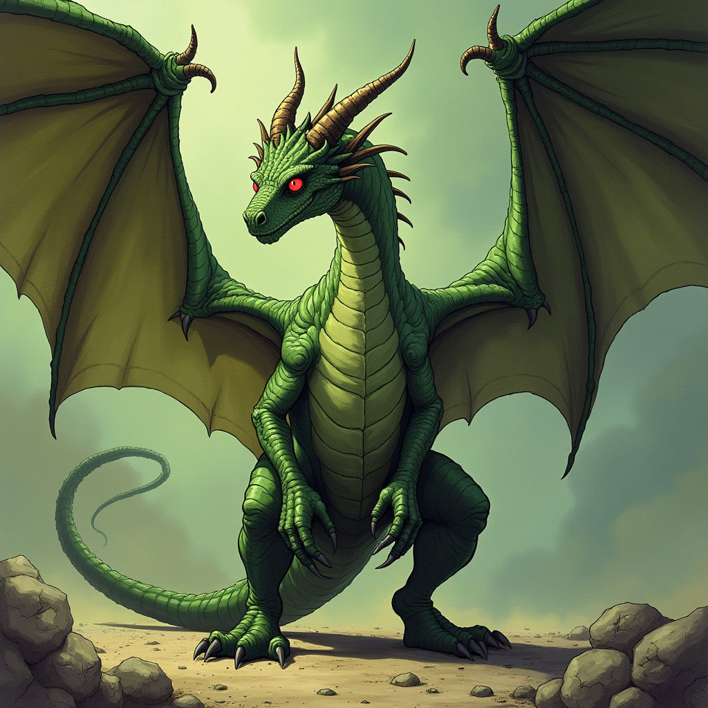 Olive Green Dragon with Red Eyes in Comic Art