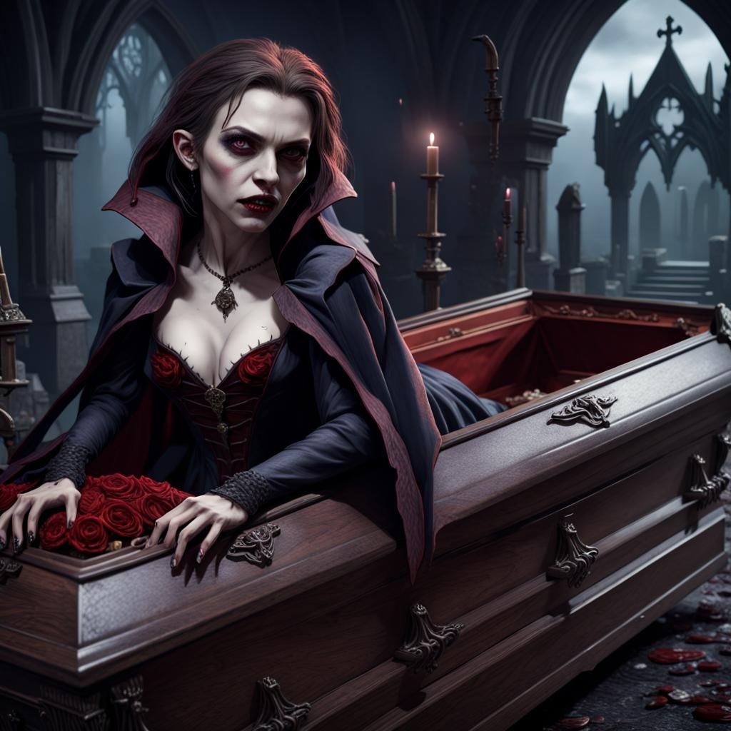 Female Vampire Beside Coffin in Detailed Matte Painting