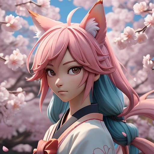 Nine-Tailed Kitsune Portrait in Anime Style
