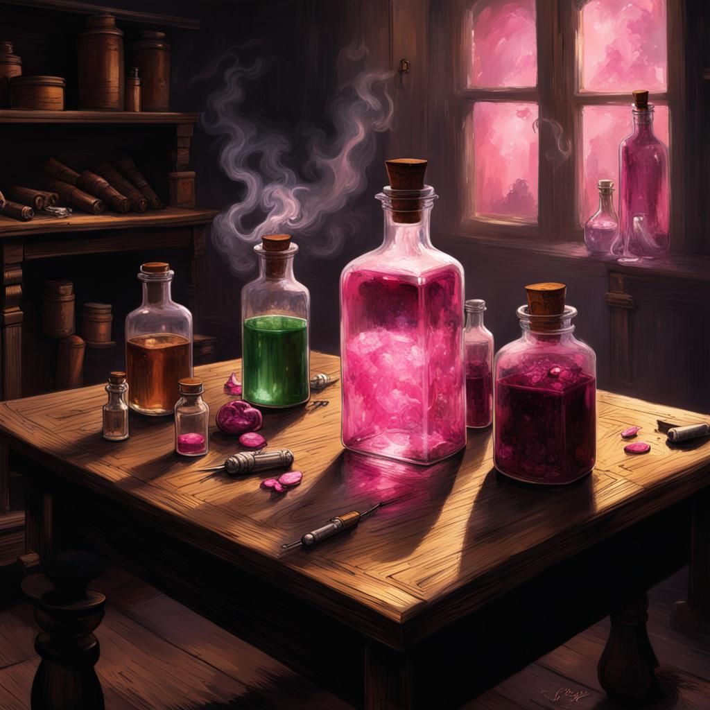 Magical Potions on an Old Wooden Desk