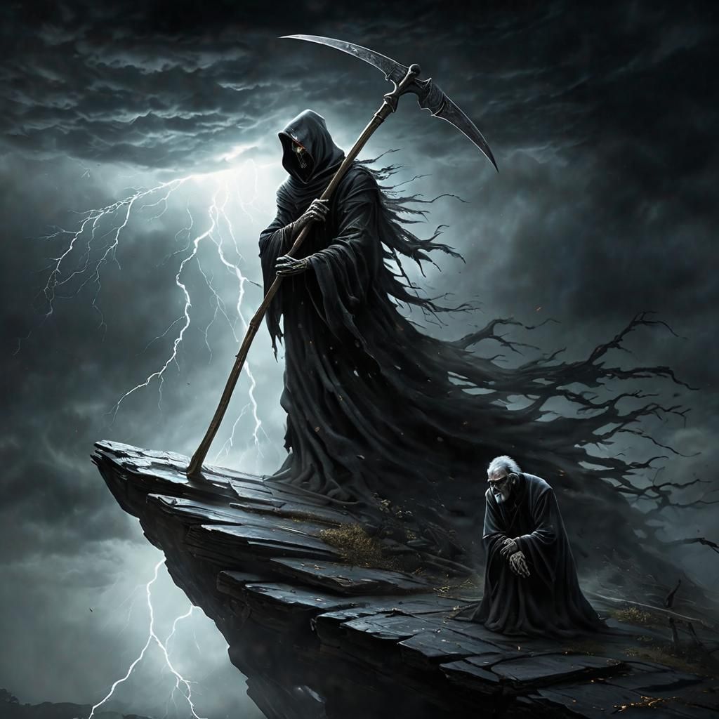 Grim Reaper in Storm: Gothic Horror Illustration