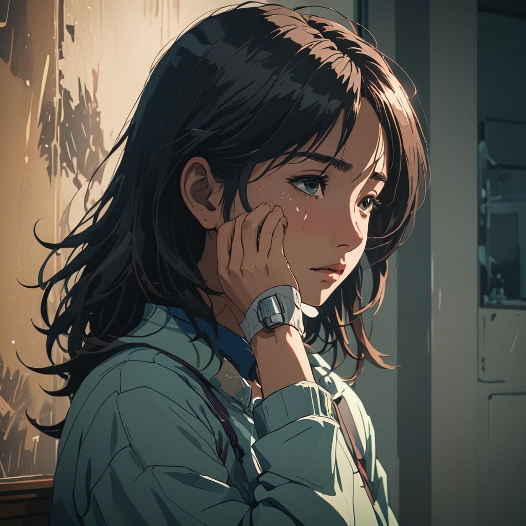 Expressionist Anime Portrait of Girl Hiding Tears
