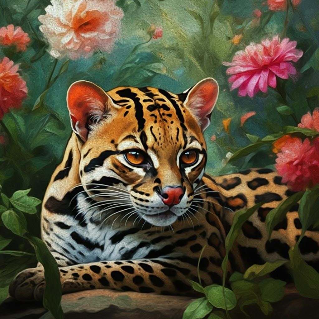 Majestic Margay in Vibrant Floral Paradise