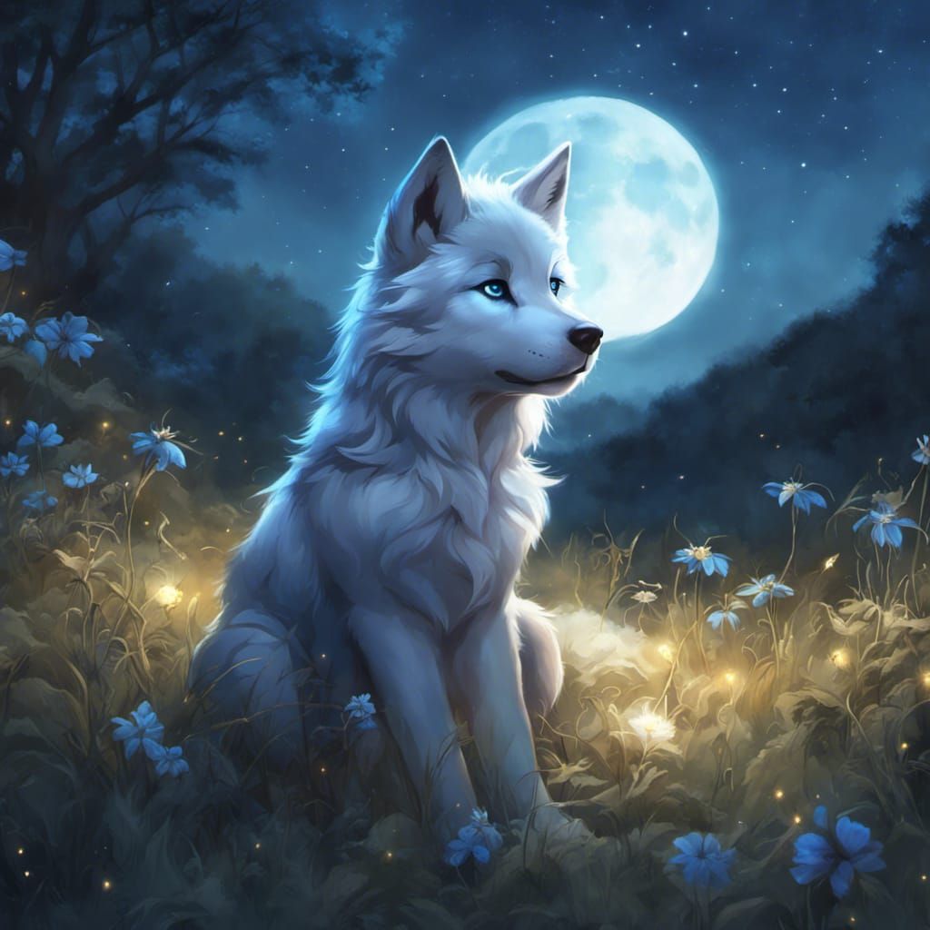 Cute Chibi Wolf Under Blue Moon, Matte Painting