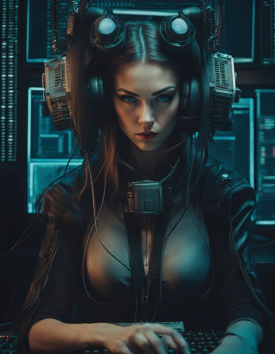 Stern Cyberpunk Hacker in Dimly Lit Room