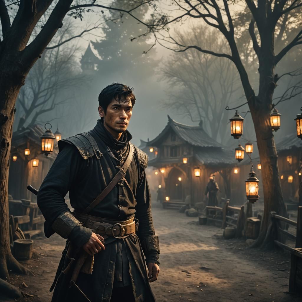 Dark Hunter with Scars in a Fantasy Village