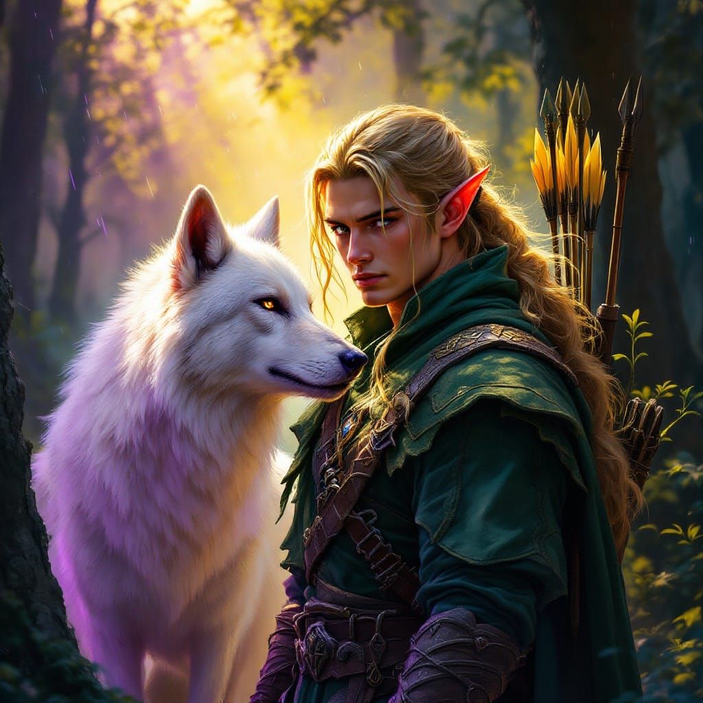 Elegant Dark Fantasy Elf in Green Ranger Attire