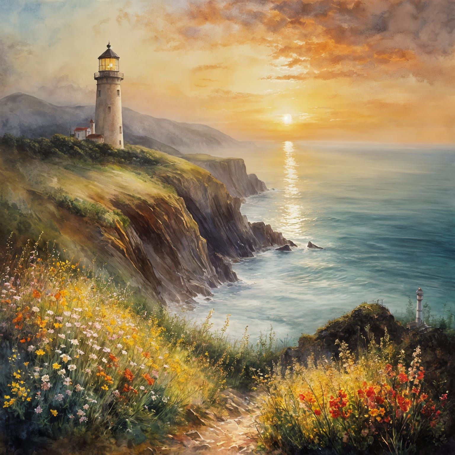 Vibrant Watercolour Lighthouse on a Stormy Floral Cliff