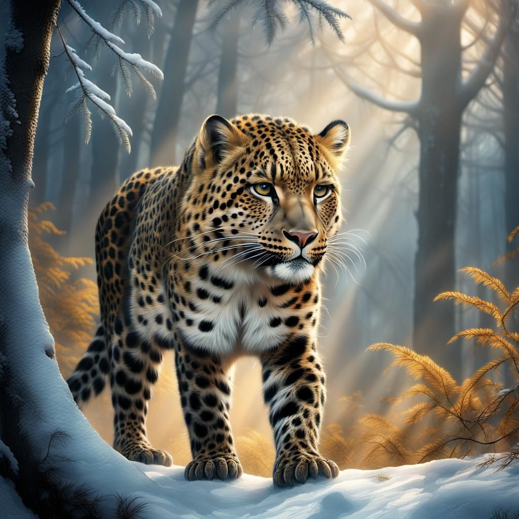 Amur Leopard Gaze in Misty Winter Forest