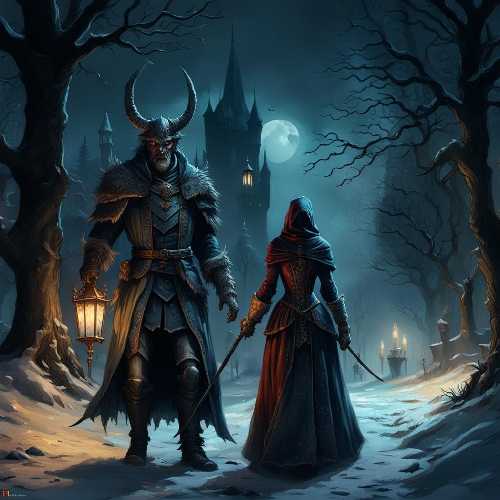 Medieval Demon Stalks Maiden: Dark Fantasy Art