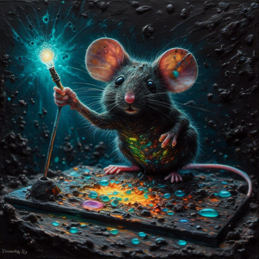 Dark Chibi Mouse Lightbulb Painting in Grunge Style