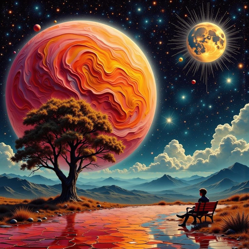 Cosmic Landscape with Silhouetted Figure on Red Bench