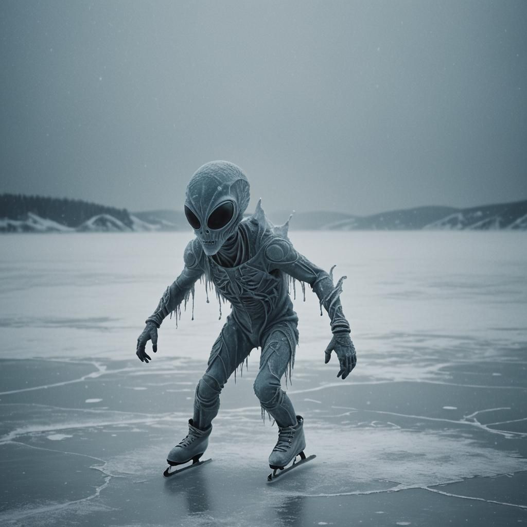 Eerie Surrealism: Alien Ice Skating on Frozen Lake