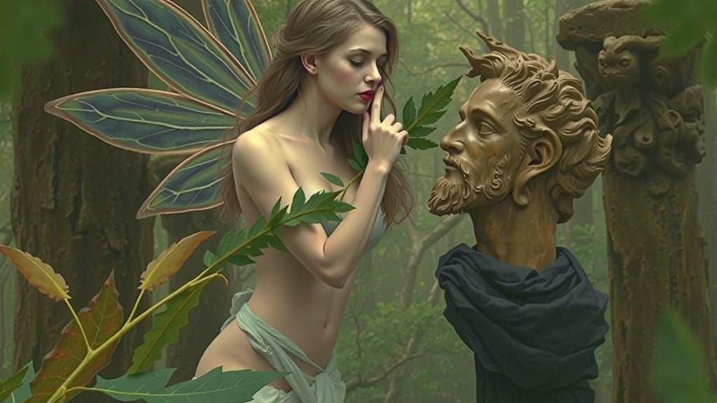 Blonde Fairy Woman and Ancient Adonis Statue in Forest Clear...