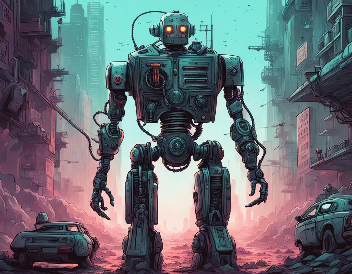 Apocalyptic Robot in Cyberpunk Sci-Fi Dystopia
