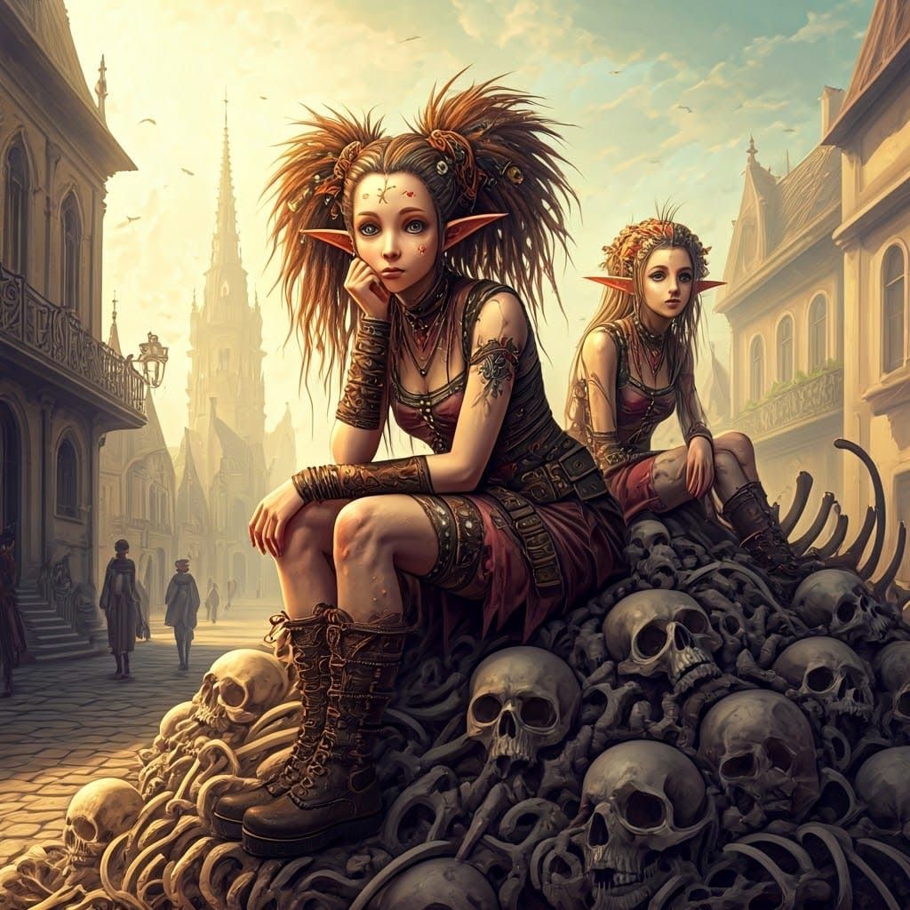 Punk Elf Girls on Bone Mound, Digital Art