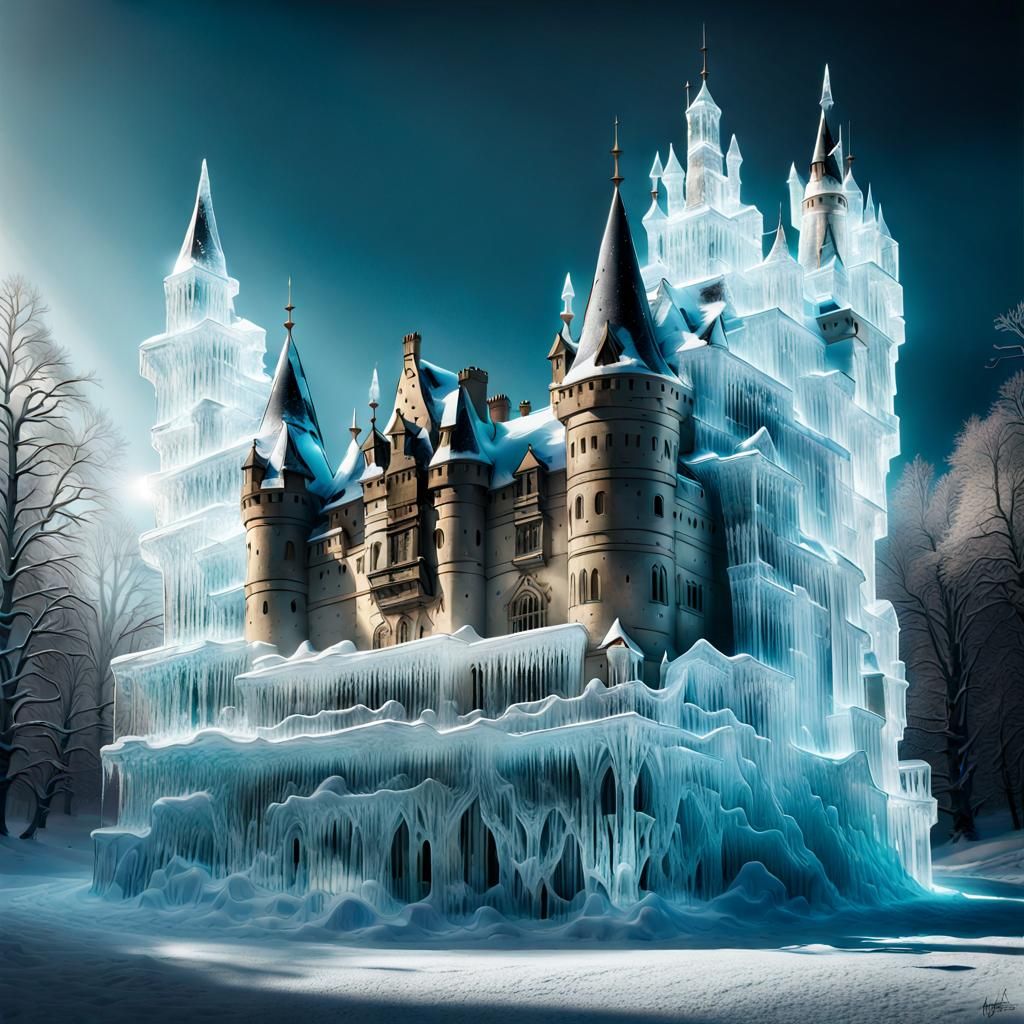 Old castle frozen in ice
