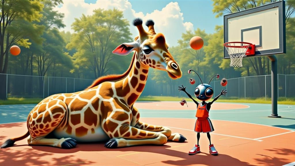 Giraffe and Ant Play Basketball in Vibrant Charcoal Drawing