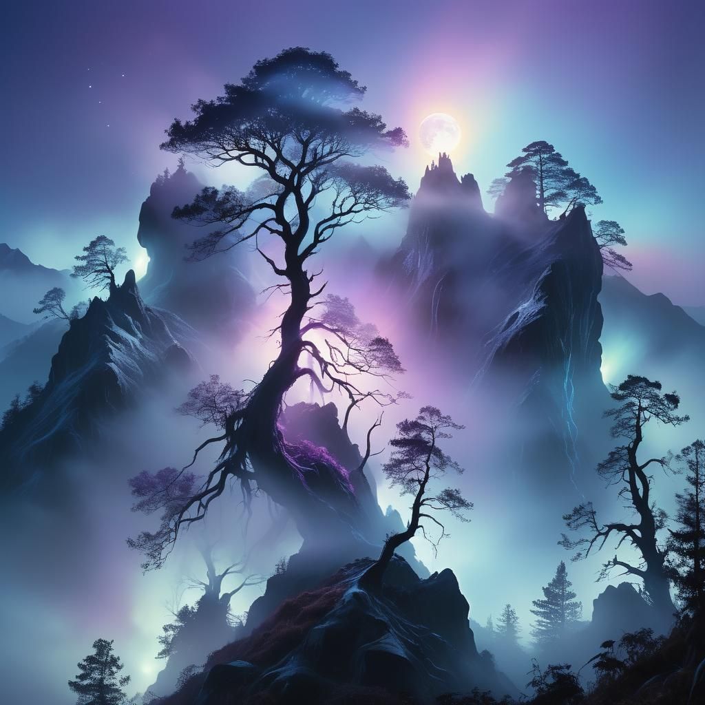 Iridescent Entity on Misty Peak in Surreal Style