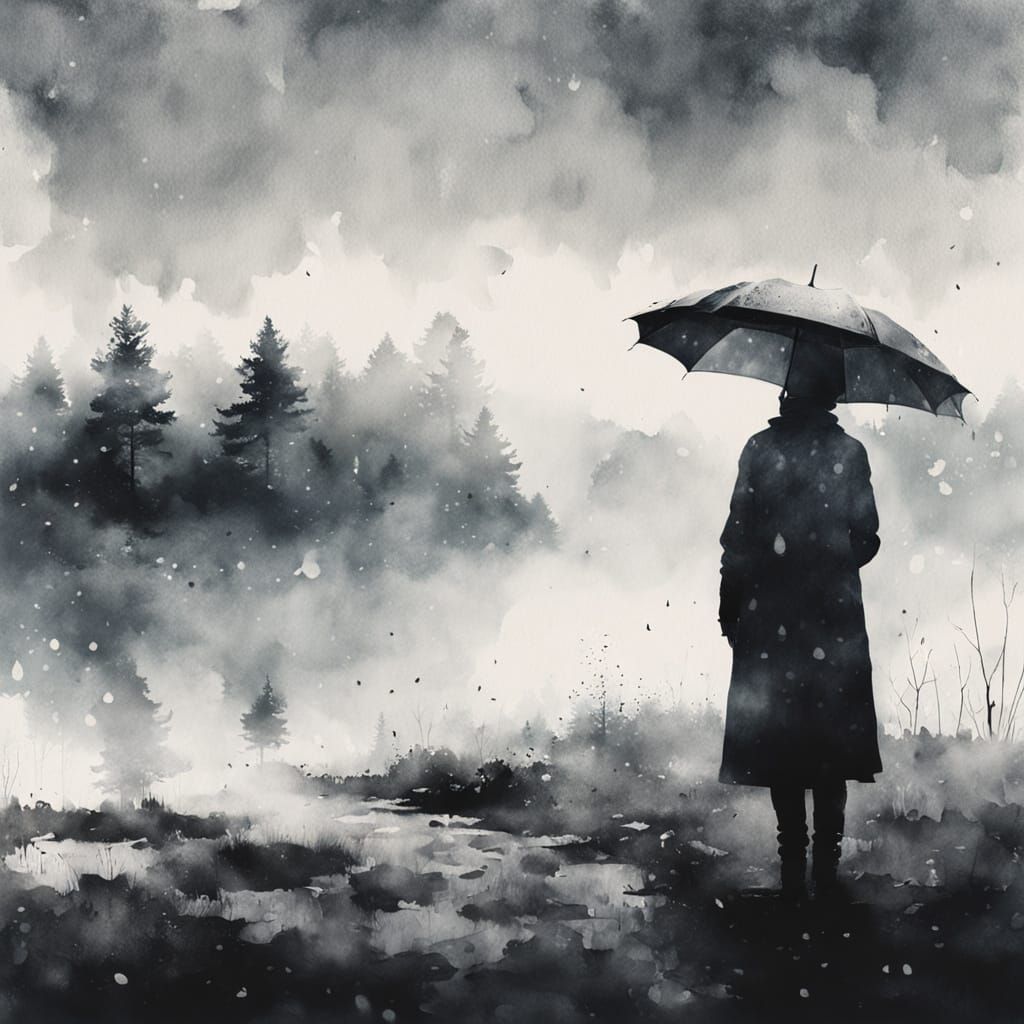 Monochromatic Nordic Landscape with Woman in Ink Painting St...