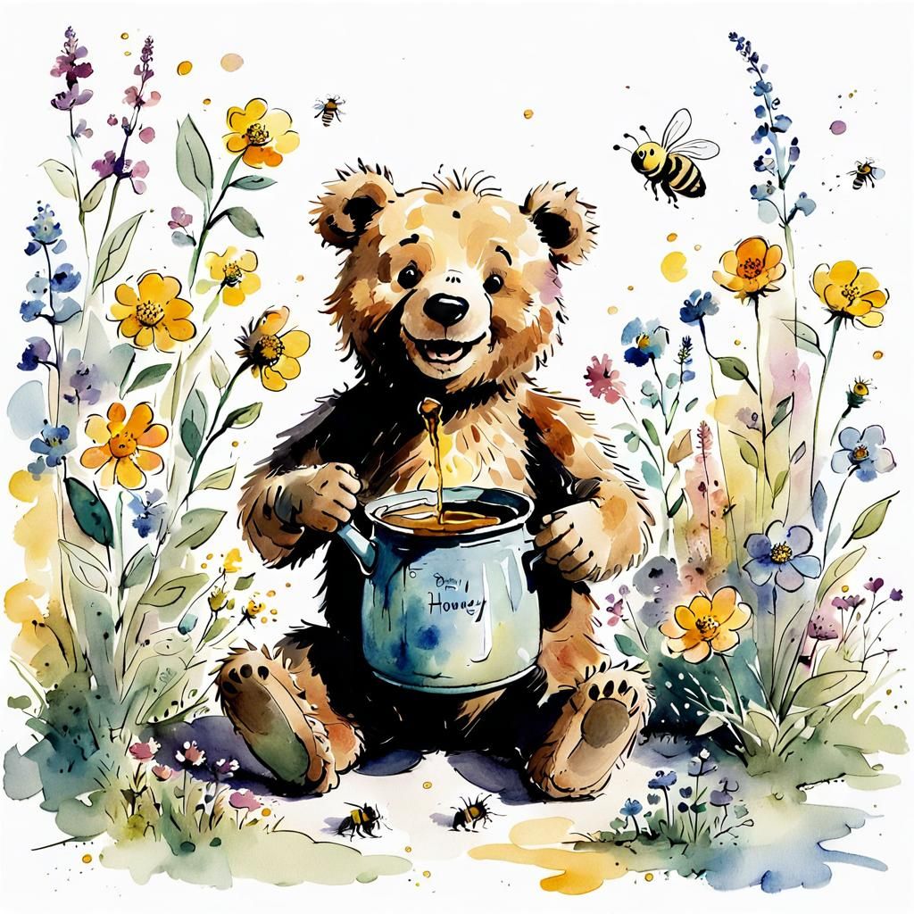 Teddy Bear with Honey, Quentin Blake Illustration