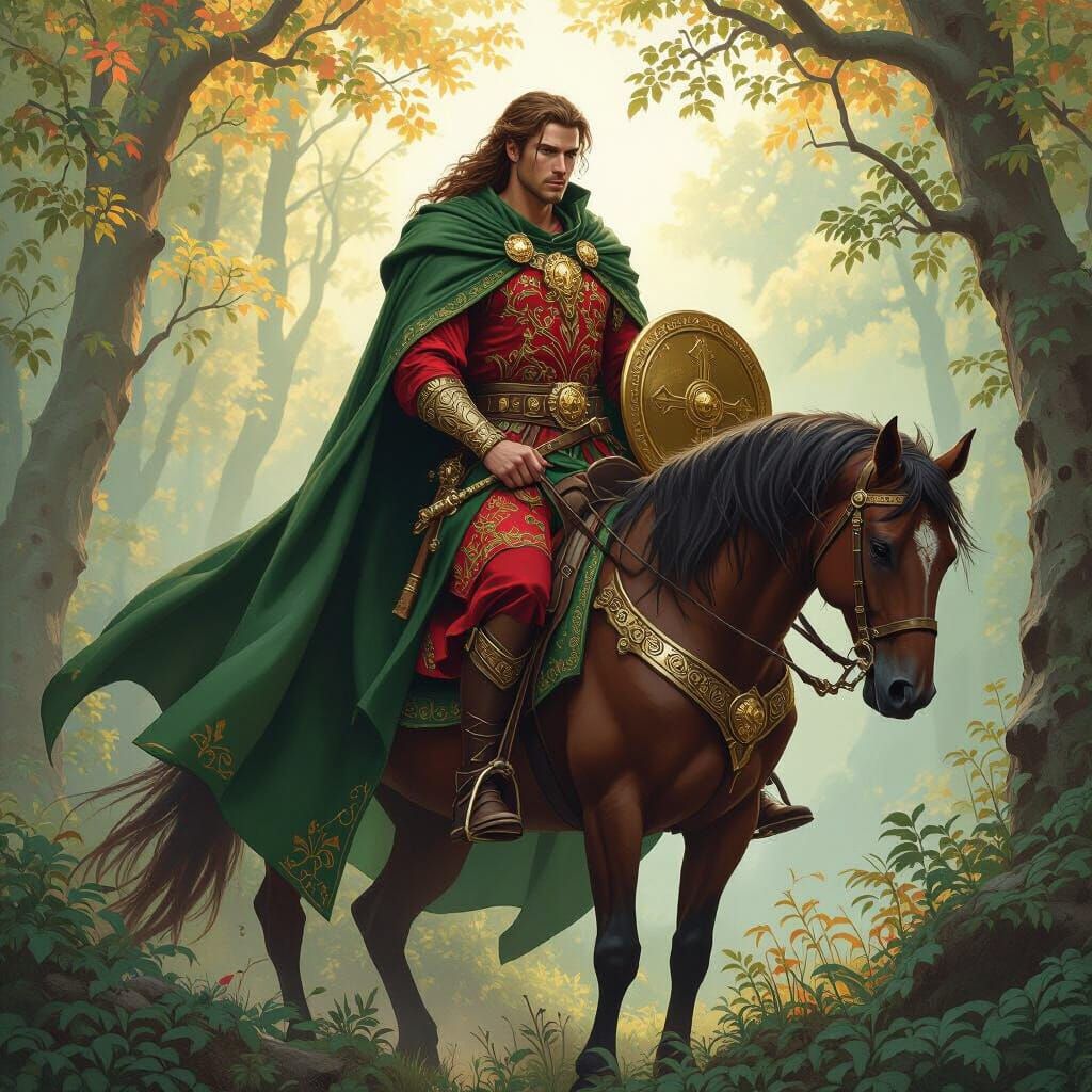 Celtic Prince Midir on Steed in Mystical Forest