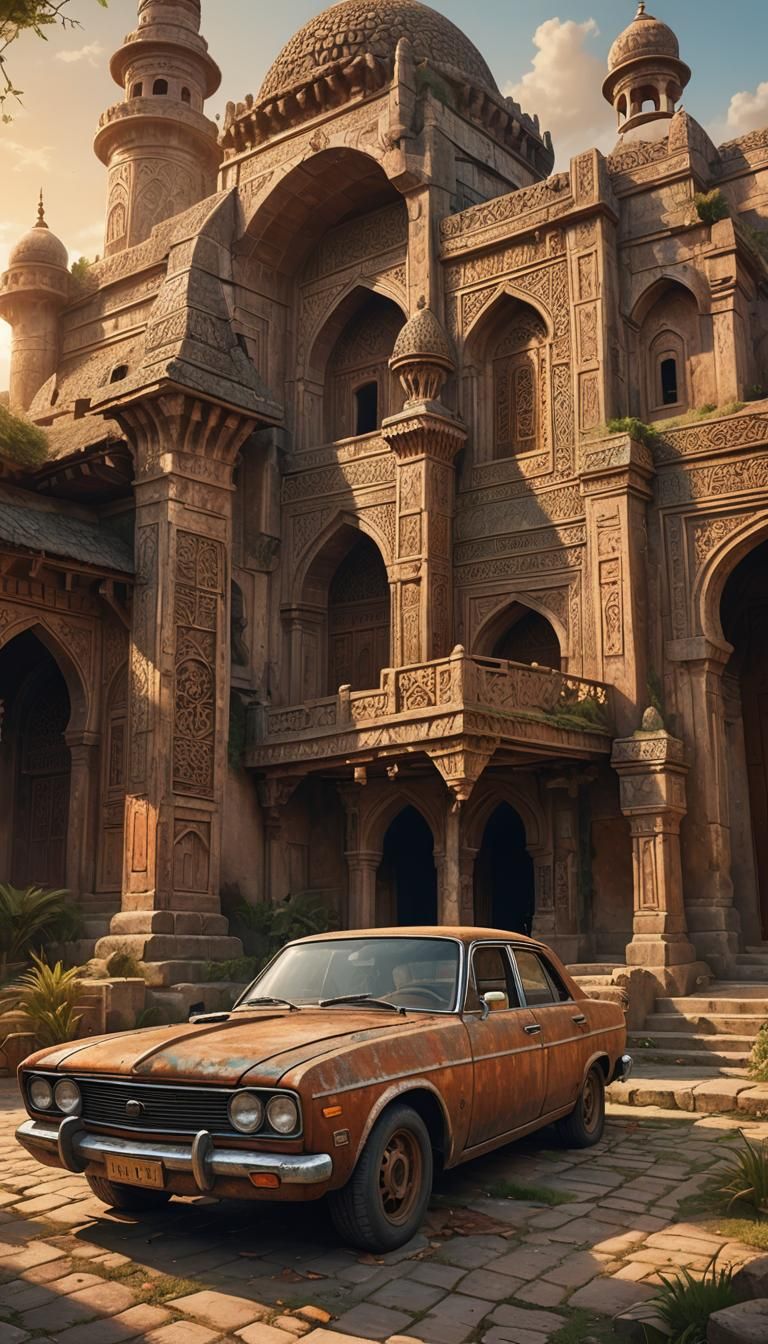 Ancient Mosque and Rusty Car: Fantasy Concept Art
