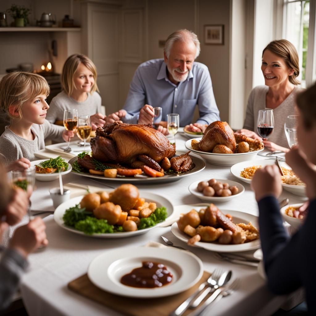 A British family enjoying a Sunday roast dinner.