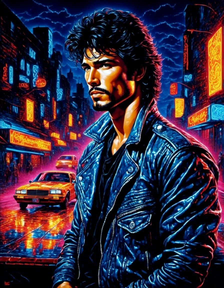 Rugged 80s Heartthrob in Neon Blacklight Portrait