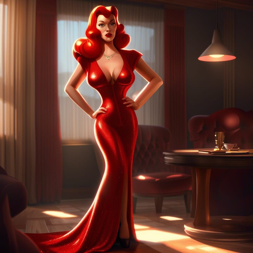 Jessica Rabbit in Glittery Red Dress, 1940s Style