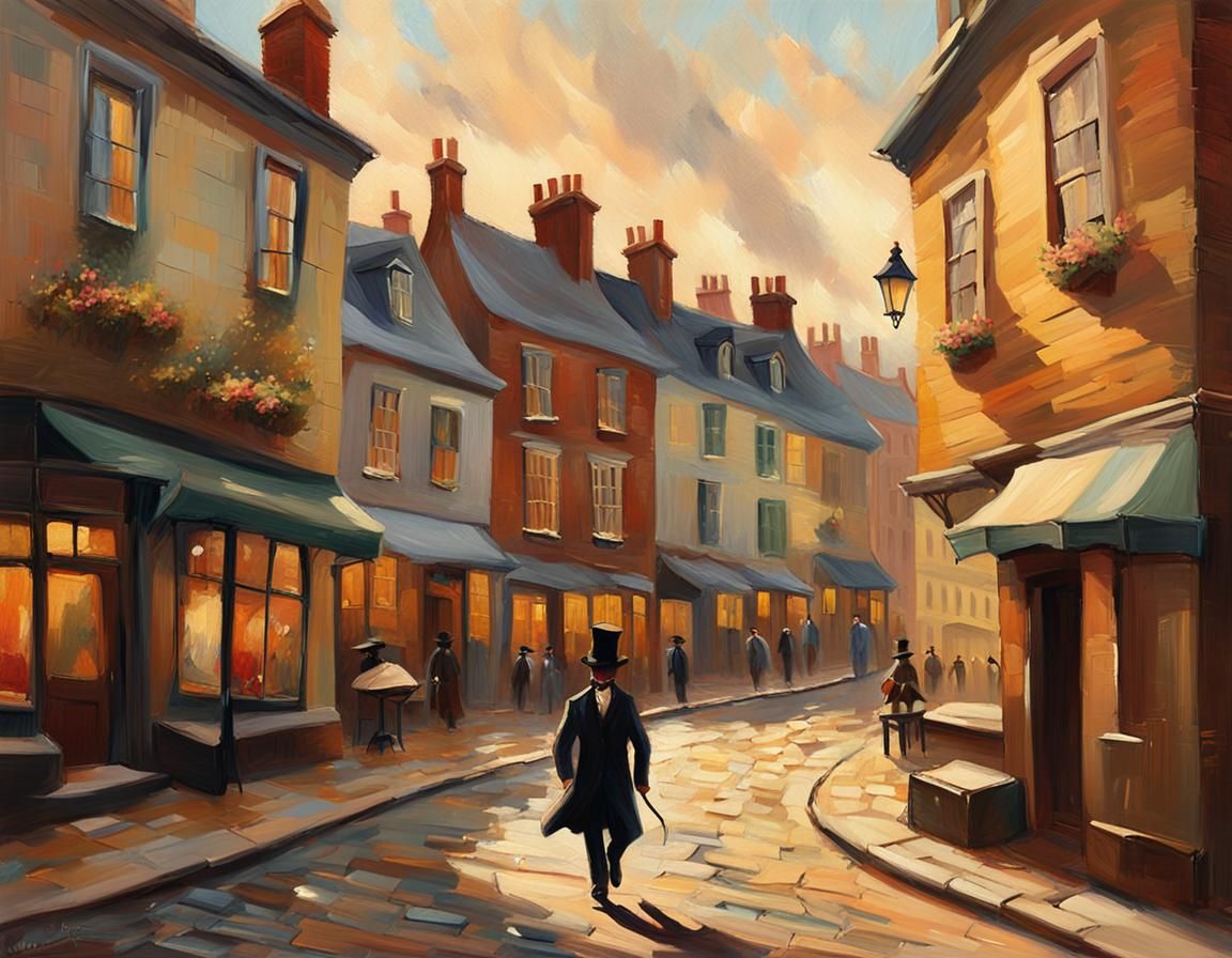 Impressionist Village Scene with a Flying Top Hat