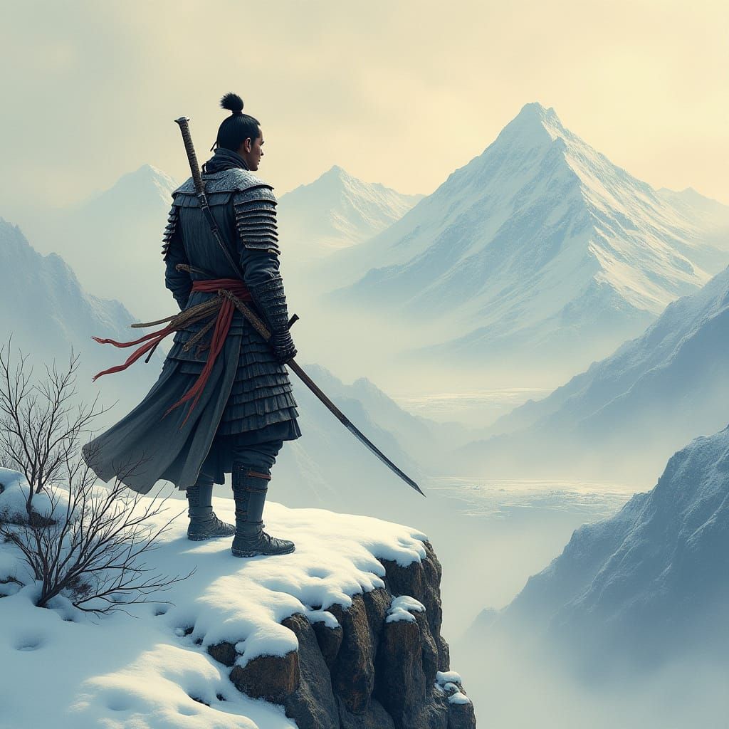 Samurai Warrior on Snowy Peak in Japanese Ink Style