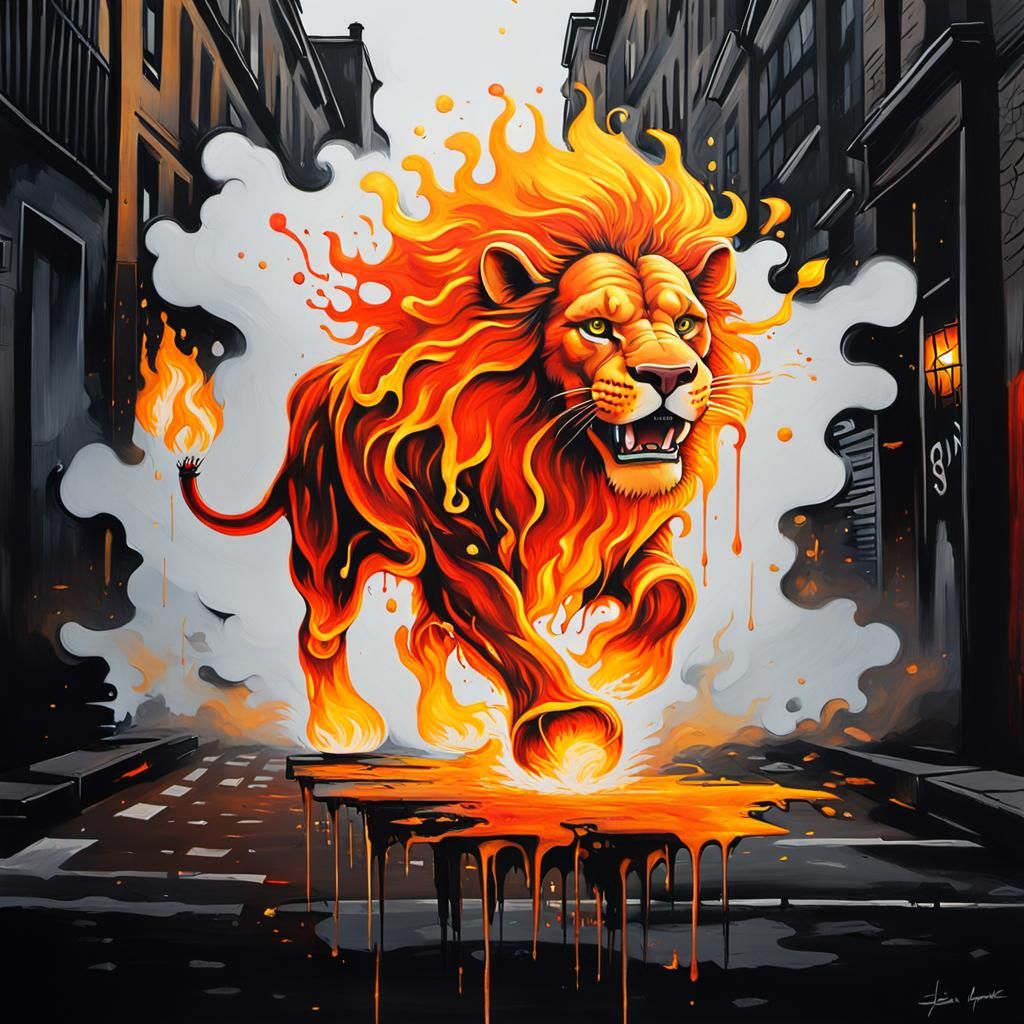 Fire Lion Graffiti Art Inspired by Basquiat