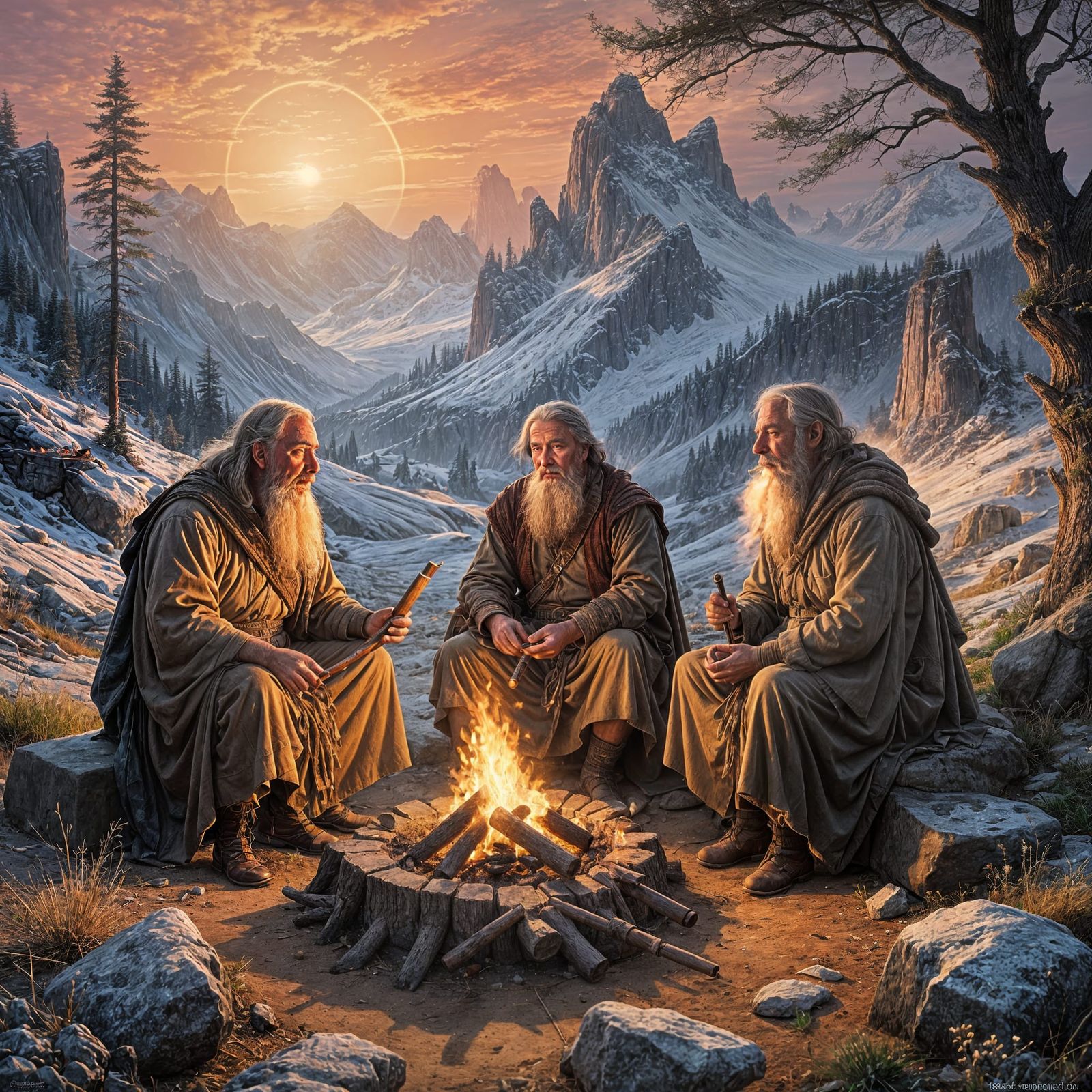 Fantasy Scene of Three Ancient Men around a Campfire