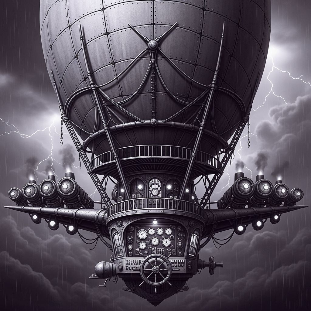 Steampunk Blimp in Black and White, Dark Sky