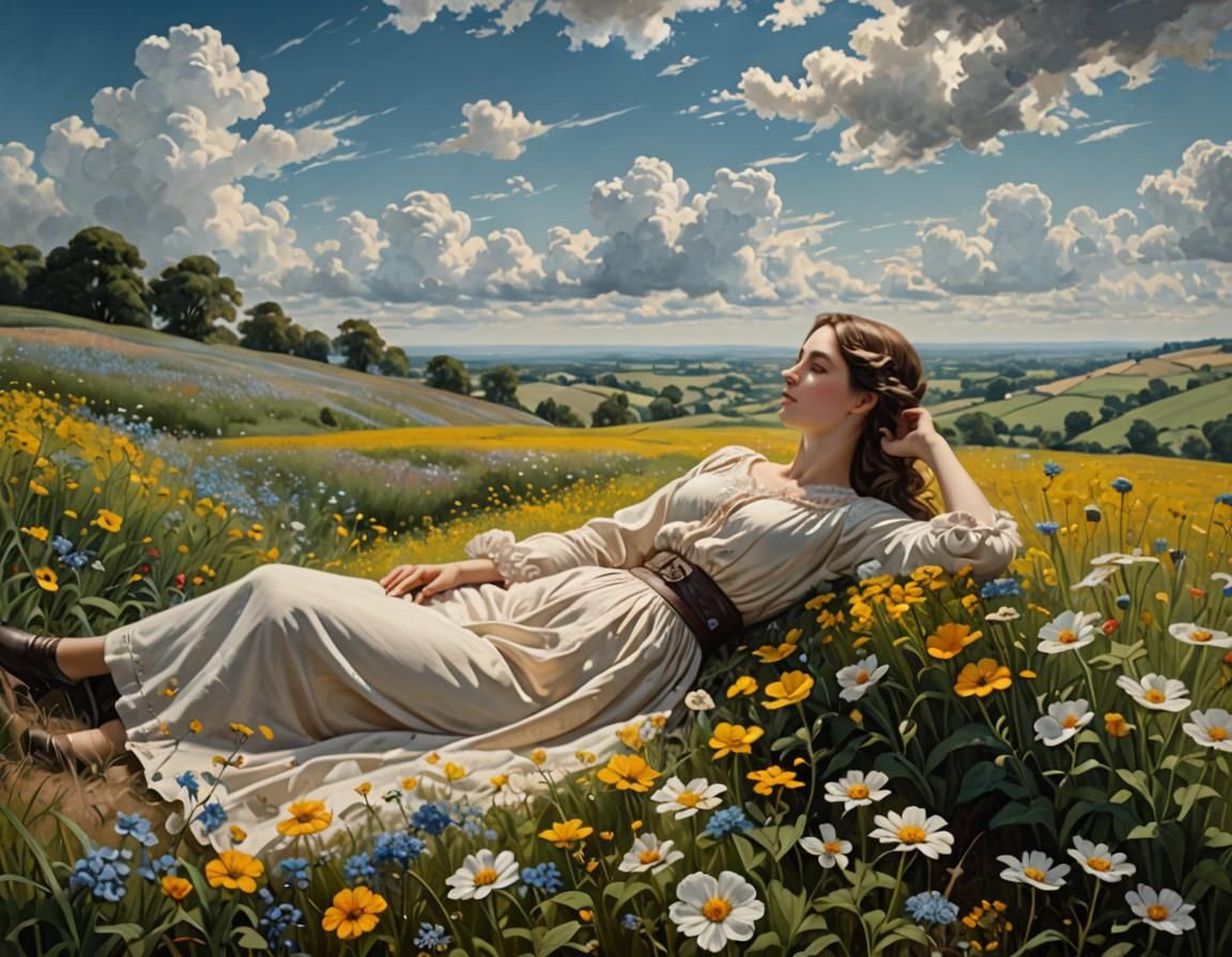 Woman in Flower Field: 19th-Century Painting