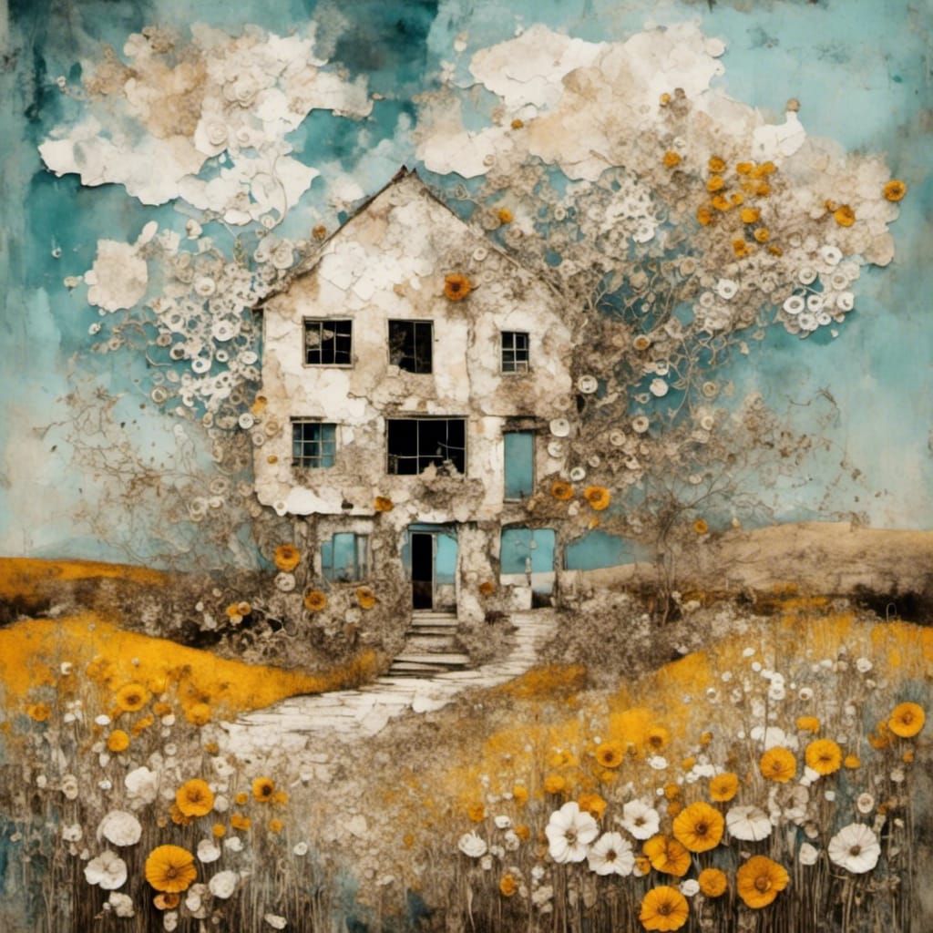 Abstract Farmhouse Landscape with Floral Foreground