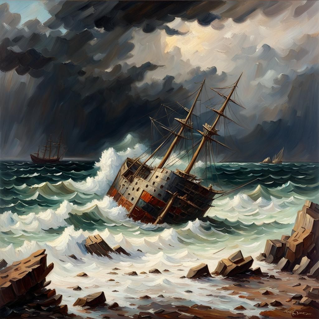 Stormy Shipwreck on Rocky Shoreline: Impressionist Oil