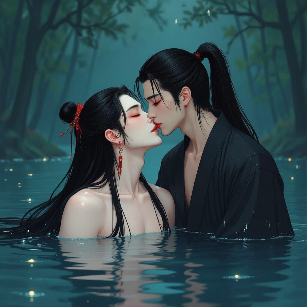 Serene Lakeside Embrace in Ethereal Style