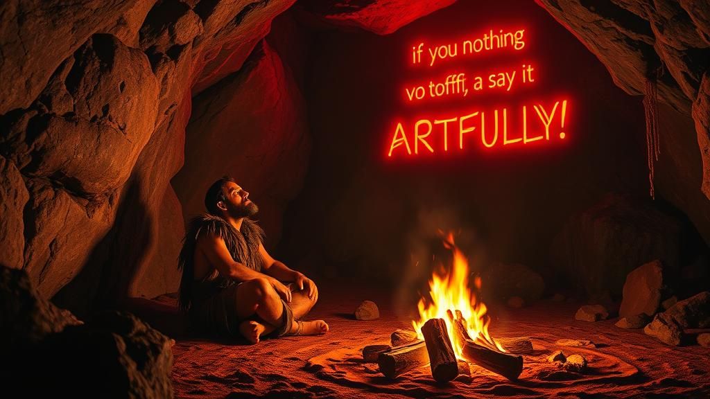 Caveman Contemplates Runes in Mystic Cave Art