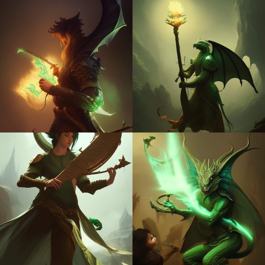 Emerald Dragonborn Lute Player in Dark Fantasy Style
