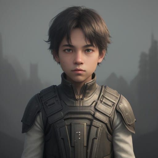 Cinematic Young Boy in Body Armor