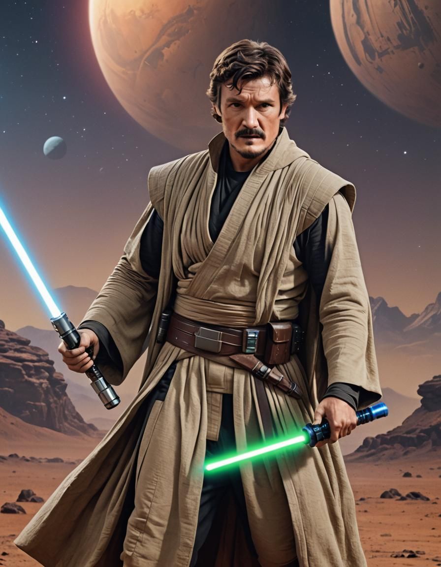 Pedro Pascal dressed as a Jedi wielding a lightsaber, alien ...